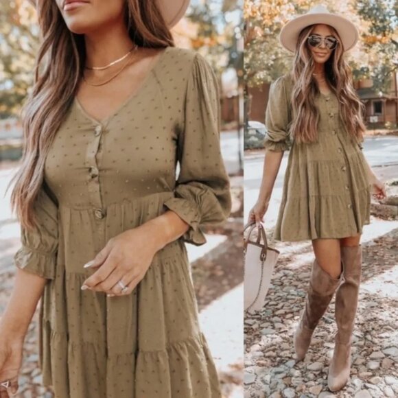 By the River Button Down Olive Dotted Tiered Long Sleeve Flowy Dress - Picture 1 of 7